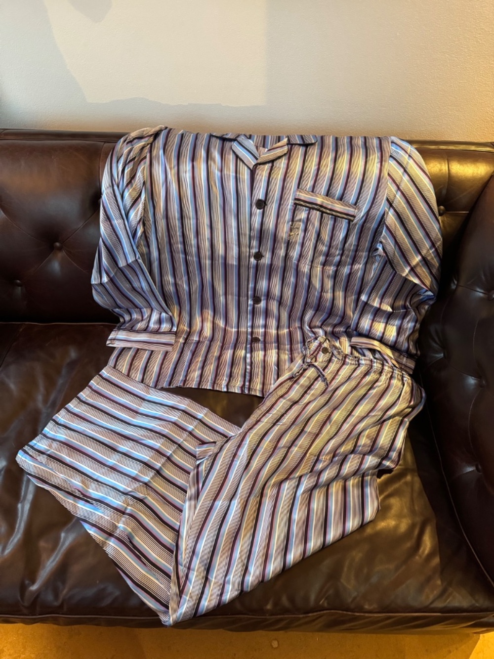 MAJESTIC COLLECTION NWOT Men's Silk Button Up Set in Purple Blue Stripe Size XL